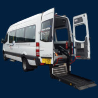 ashcrofts-minibus-wheelchair-access Ashcrofts Mini Travel - Coach Hire in Wigan, Leigh, Warrington & surrounding areas - Minibus with wheelchair access ramp deployed.